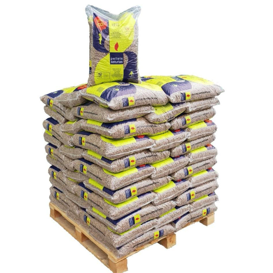 Asturias – 2 palety pelletu, 144 worki × 15 kg (2160 kg), 5,0 kWh/kg